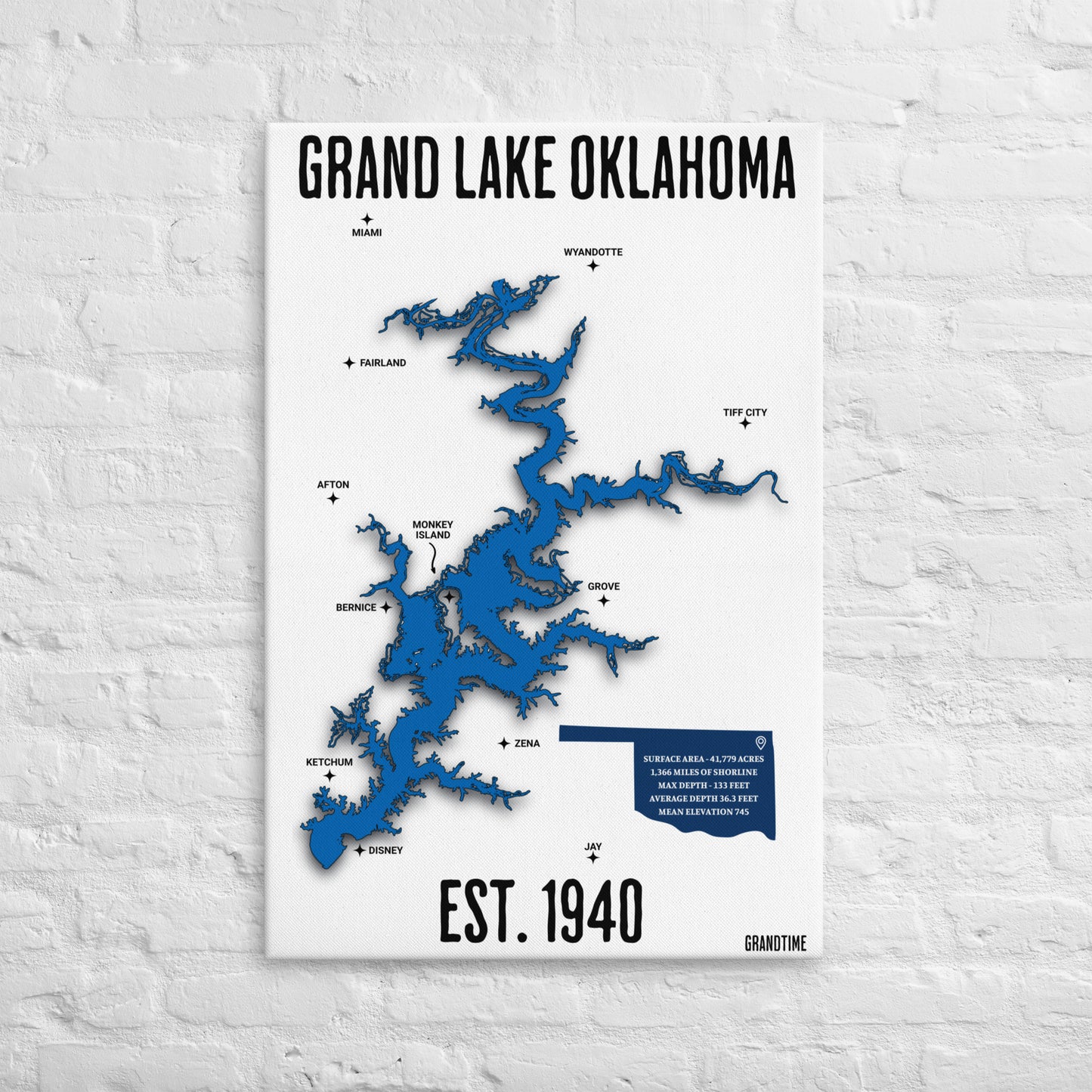 GRAND LAKE OKLAHOMA MAP on an elegant thin canvas