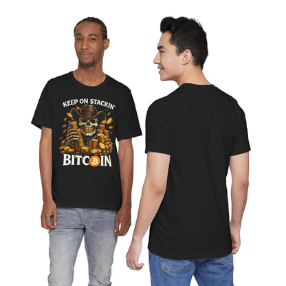 Keep On Stackin' Bitcoin T-Shirt — Crypto Skull & Gold Coin Tee