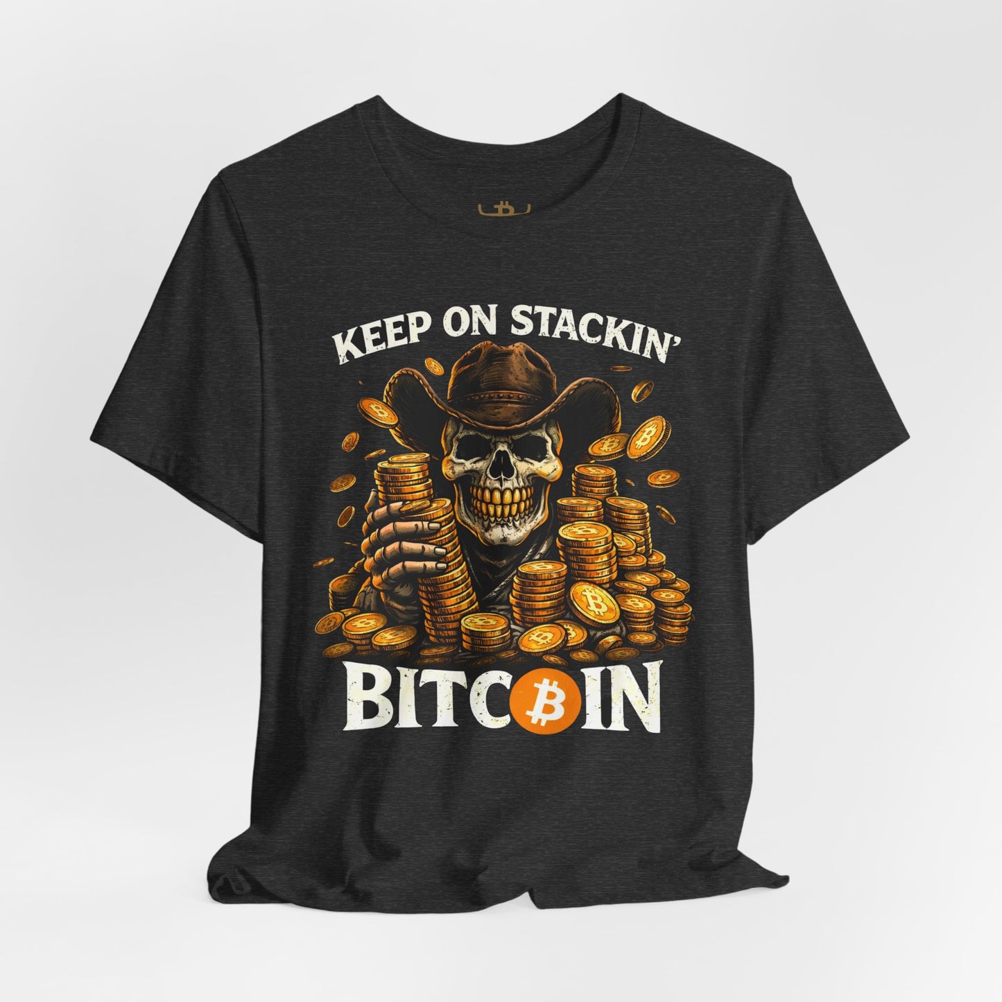 Keep On Stackin' Bitcoin T-Shirt — Crypto Skull & Gold Coin Tee