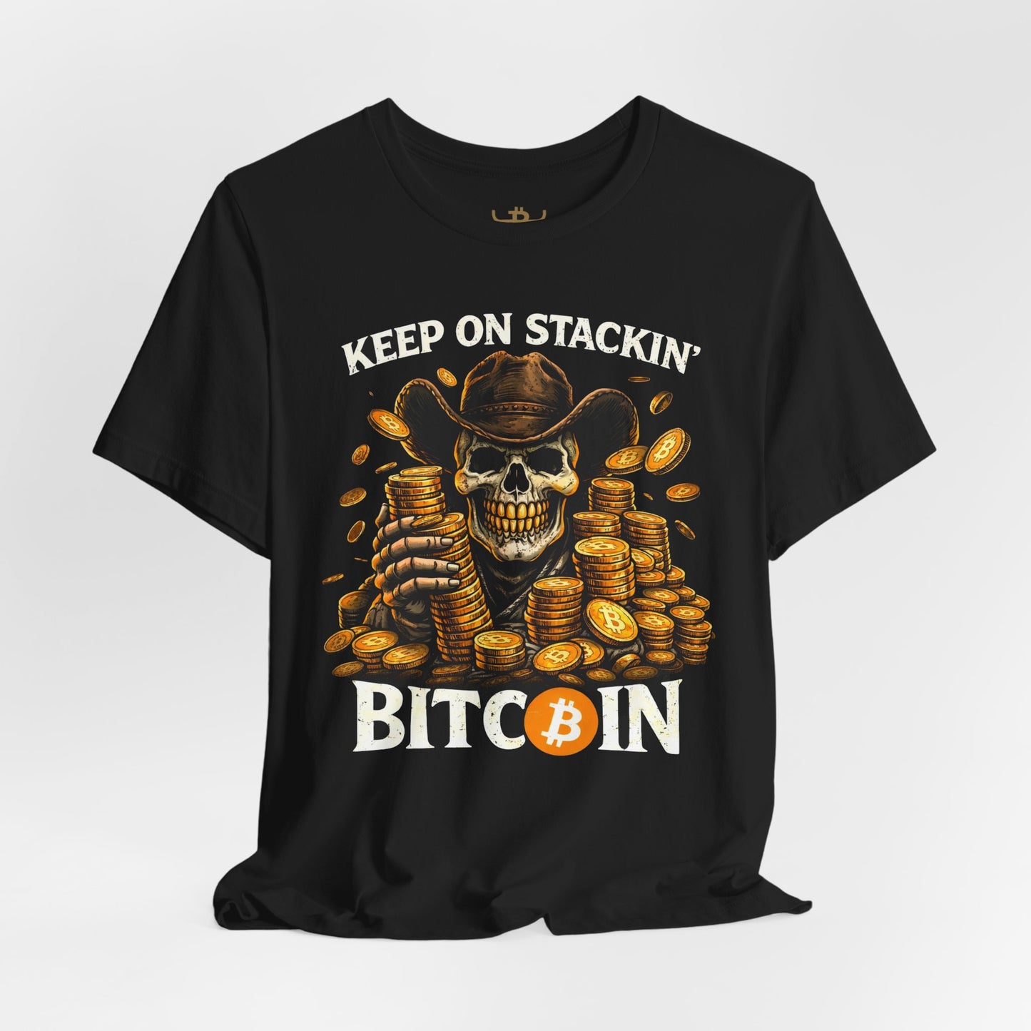 Keep On Stackin' Bitcoin T-Shirt — Crypto Skull & Gold Coin Tee
