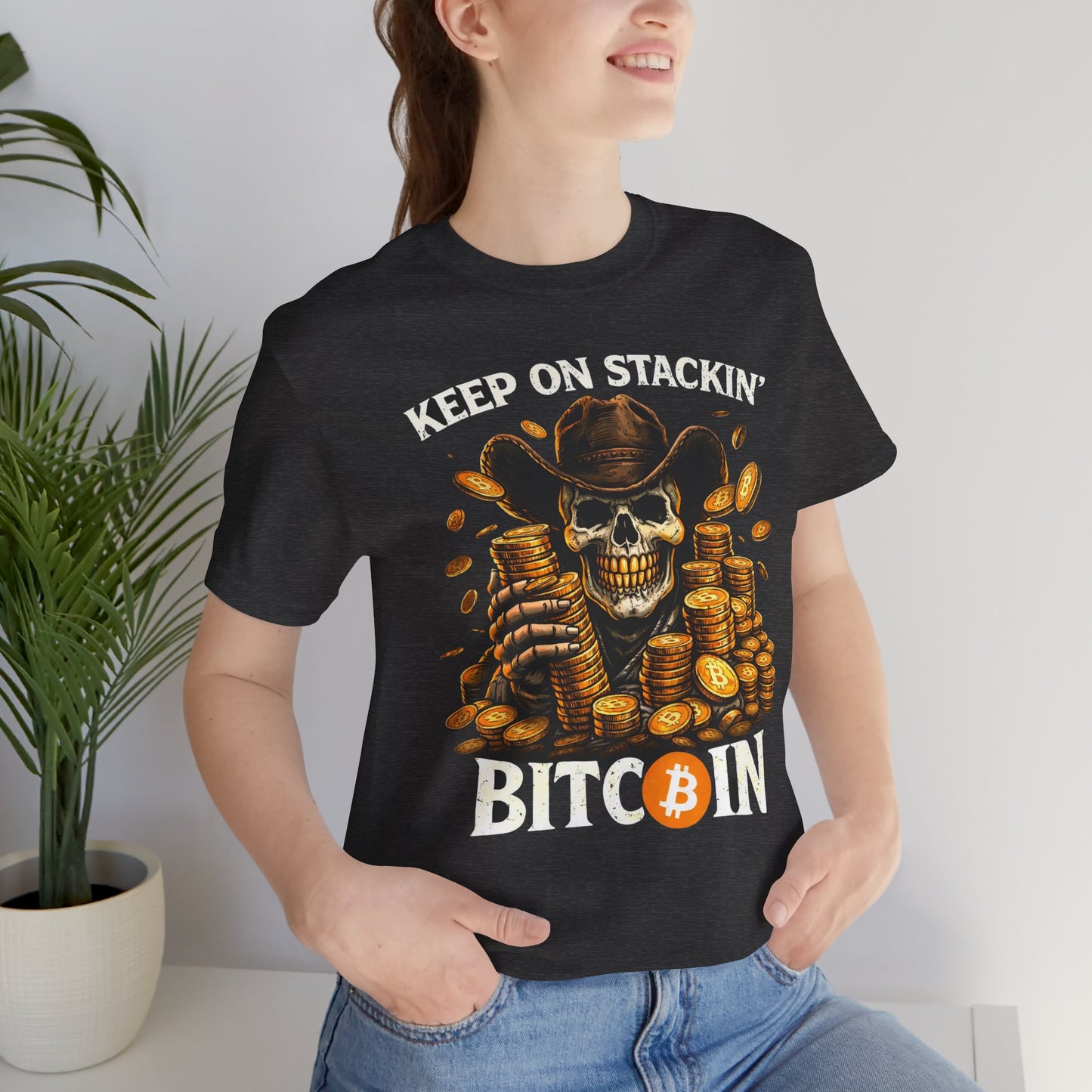 Keep On Stackin' Bitcoin T-Shirt — Crypto Skull & Gold Coin Tee