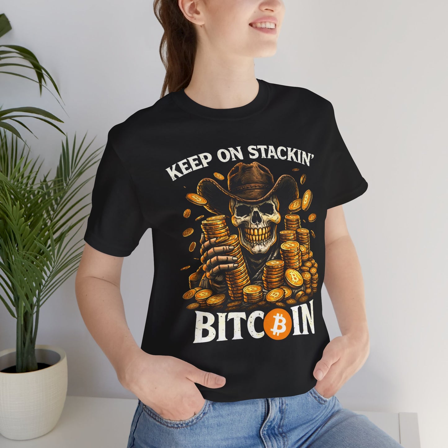 Keep On Stackin' Bitcoin T-Shirt — Crypto Skull & Gold Coin Tee