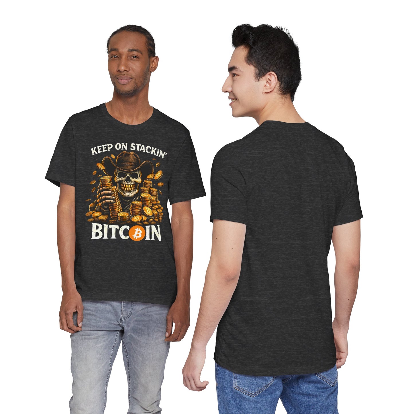 Keep On Stackin' Bitcoin T-Shirt — Crypto Skull & Gold Coin Tee