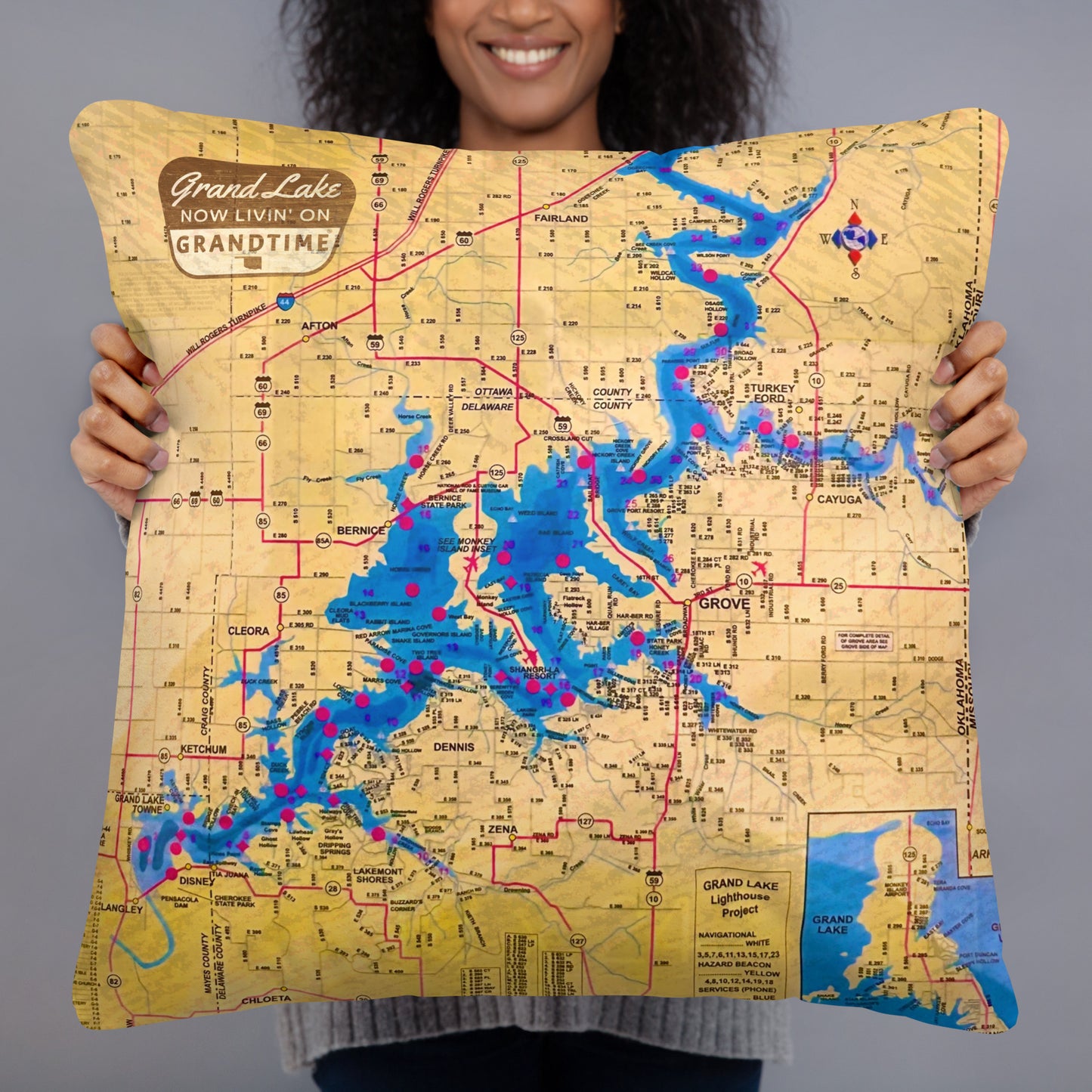 Vintage Grand Lake Map soft and cozy pillow (DOUBLE SIDED)