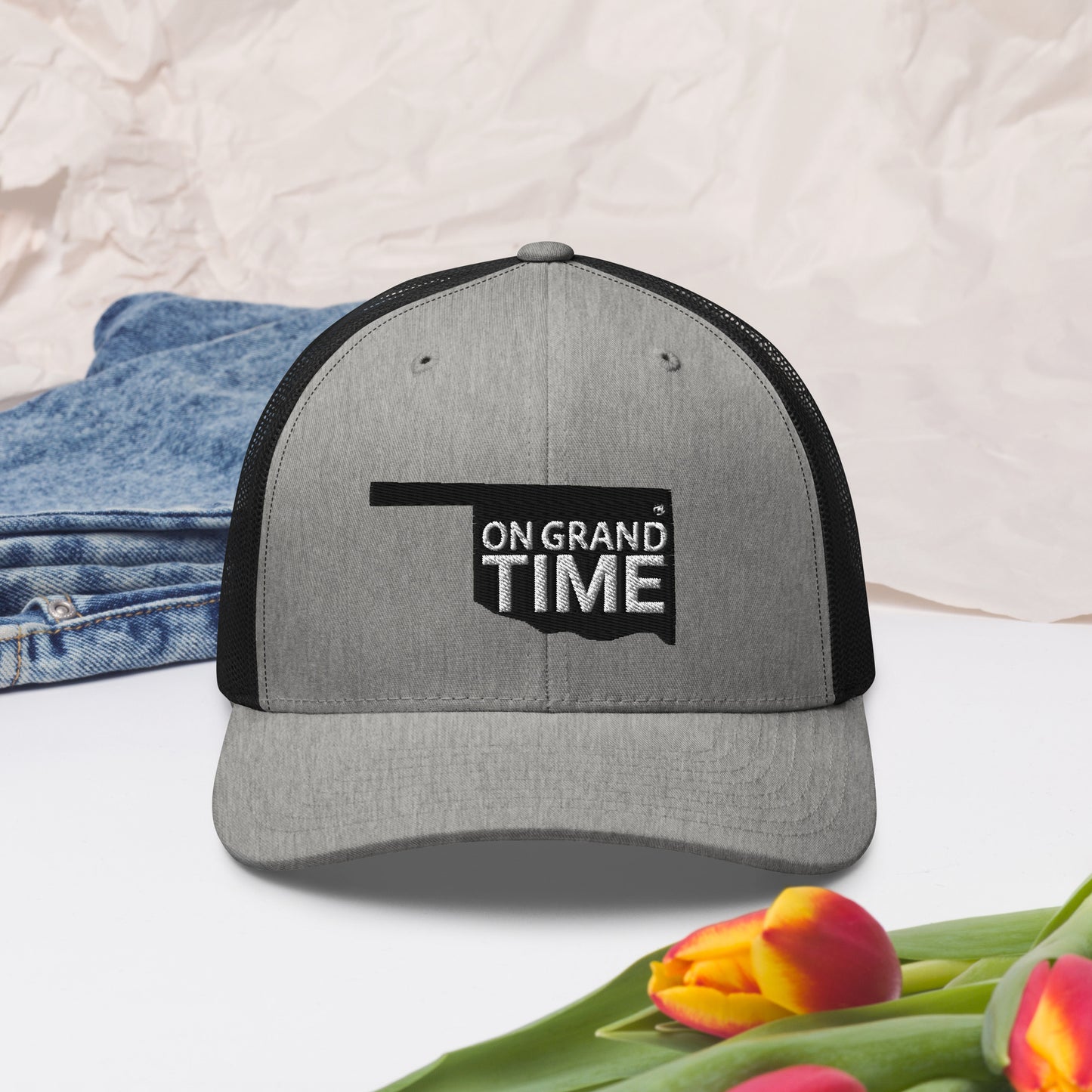 ON GRANDTIME snapback Trucker Cap with custom Oklahoma Logo