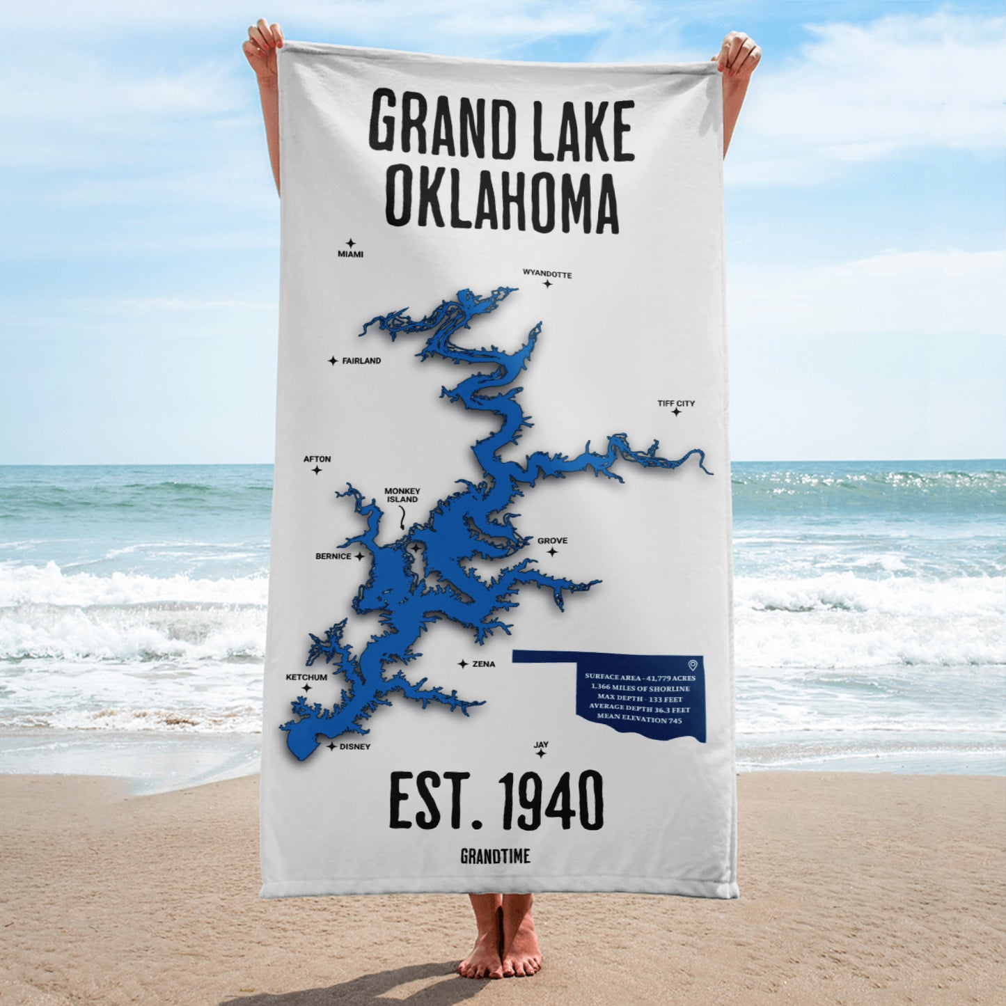 Grand Lake Map Beach Towel, BY ON GRANDTIME!